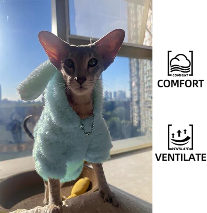 Stretchy Fuzzy 2-Leg Cat Hoodie Pajamas for Sphynx,Soft Fluffy Loungewear with Bunny Ears, Cozy Home Clothes for Hairless Cats, Winter Warm Outfit Sweater (Blue, L (5.5-8 lbs))