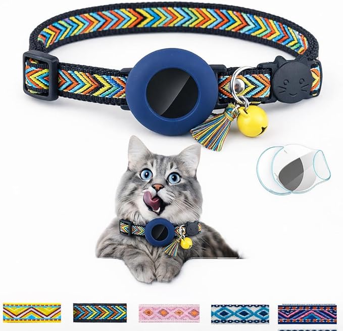 Cat Collar with AirTag Holder – Breakaway Lightweight Woven Cat Collar, Adjustable with Bell for Cats & Kittens (Midnight Dusk Set) | Amazegoods