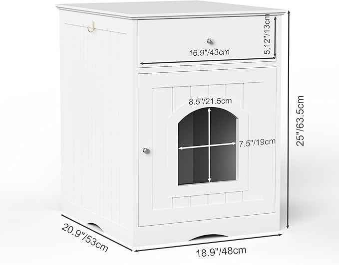 Wooden Cat Litter Box Cabinet with Drawer Hidden Pet House, Sofa Side Table, Indoor Pet Cage Storage Cabinet, Cat Hidden Cave Furniture for Living Room, Bedroom (White, 25 inches)