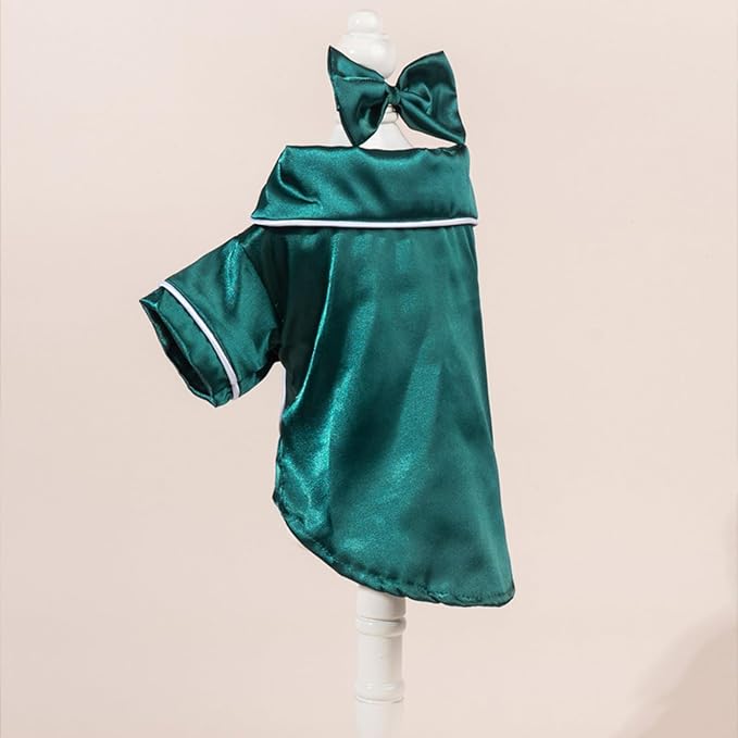 Cat Puppy Costume Elegant Satin Pajamas with Bow Headband 2PCs Set Pet Sleepwear Cute Pet Outfit Cosplay Partywear Photoshoots (Green Set,Small)