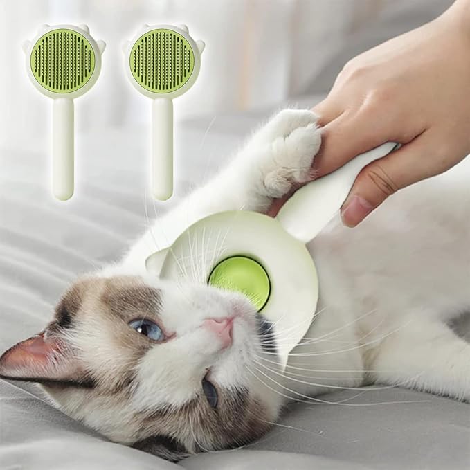 Cute Cat Ear Pet Brush – Self Cleaning Grooming Tool for Cats & Dogs – Light Green