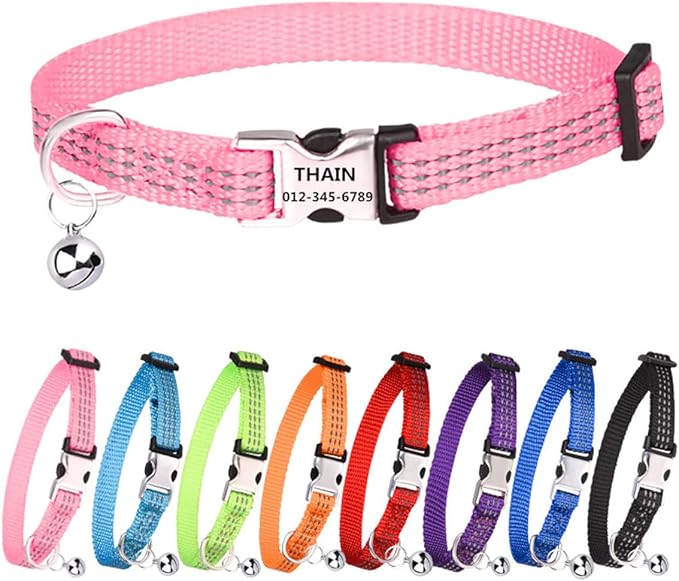 THAIN Cat Collar Personalized Reflective with Bell-Custom Cat Collar Engraved nameplate with Name and Phone,Adjustable for Cats and Kitten (Pink)
