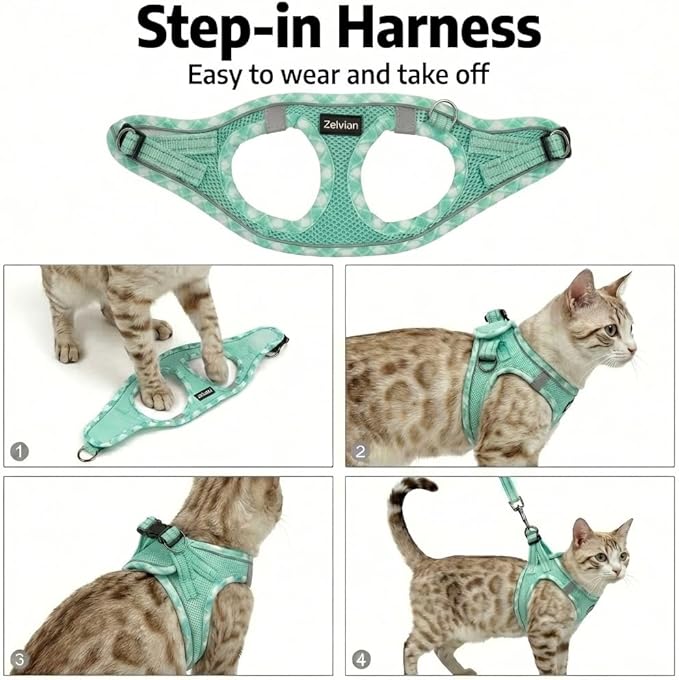 Cat Harness and Leash Set for Walking, Escape Proof Adjustable Soft Mesh Kitten Harness with Reflective Strips, Breathable No-Choke Pet Vest for Small Cats or Puppies(Green,S)