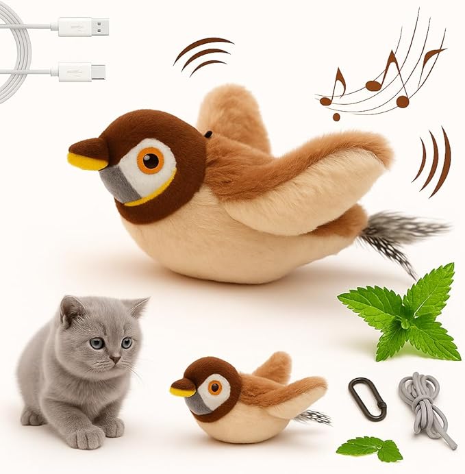 Flappy Bird Cat Toy – Interactive Flapping & Chirping Bird Toy for Cats (No Flying), Indoor Cat Toy for Exercise & Play, Durable Chew Toy, Catnip Toy for Kitten or Small Dogs (Large 9x3")
