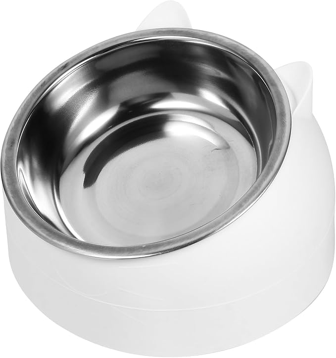 UPKOCH 200ml Anti-Spill Stainless Steel Cat Bowl with Neck Protection and Tilted Design, Small White Pet Feeding and Watering Bowl for Cats