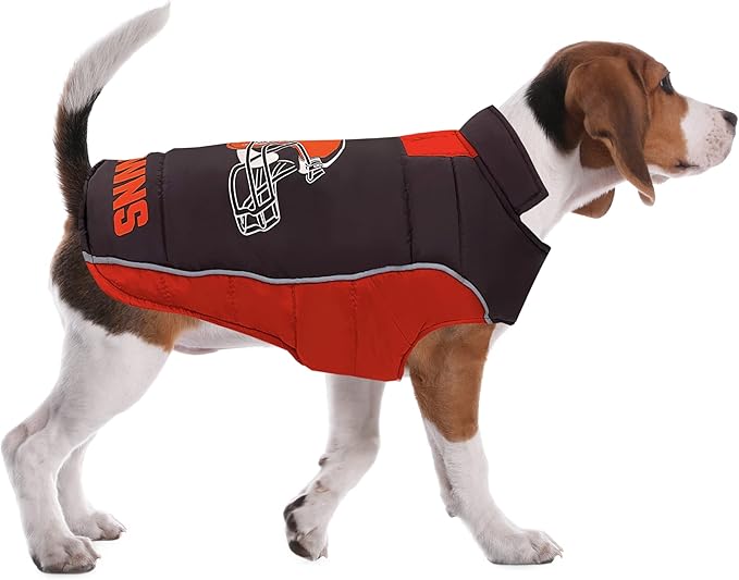 NFL Cleveland Browns Puffer Vest for Dogs & Cats, Size Large. Warm, Cozy, and Waterproof Dog Coat, for Small and Large Dogs/Cats. Best NFL Licensed PET Warming Sports Jacket