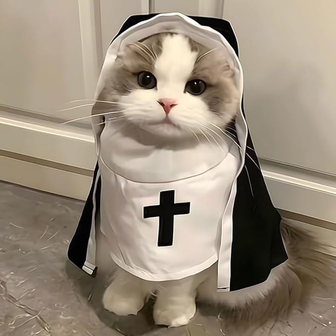 Cat Costume Nun Dress, Nun Dog Costume, Funny Halloween Cloak Outfit for Cat Small Medium Dogs, Cosplay Apparel for Photoshoots Parties Social Media, Adorable Pet Clothing (Black, Large)