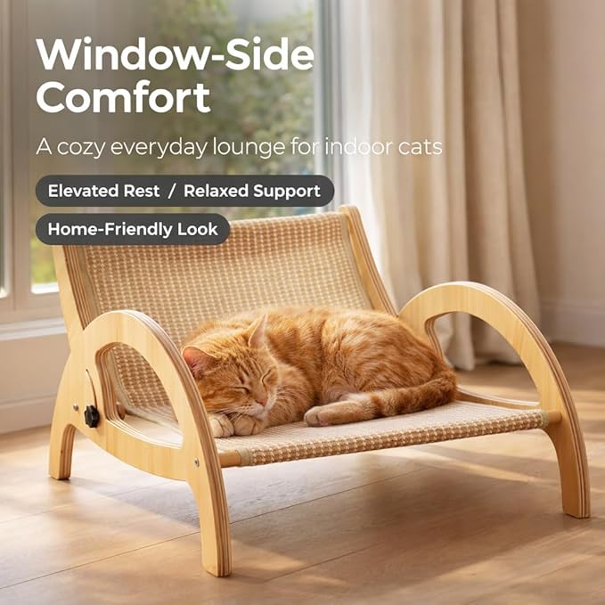 Adjustable Sisal Cat Scratcher Lounge Chair, Wooden Reclining Lounger Bed with Elevated Scratch-and-Rest Design for Indoor Cats, Natural Finish