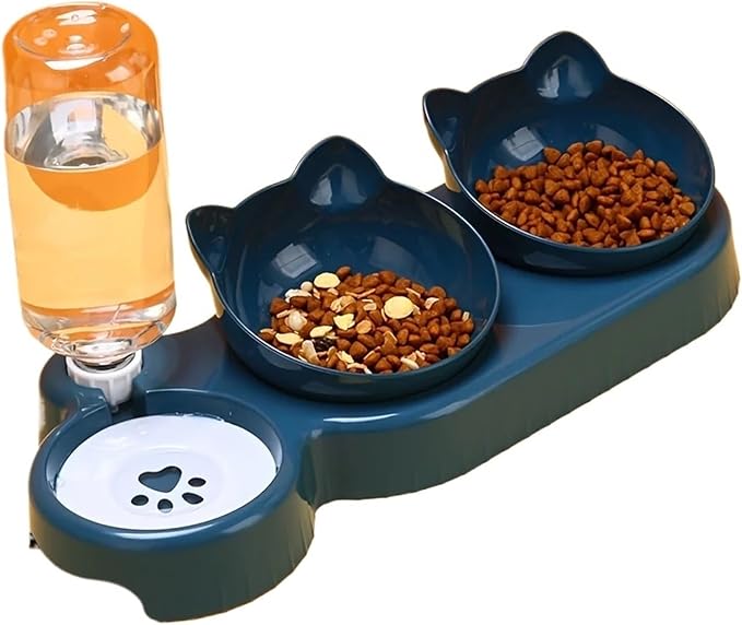 Pet Bowls with Water Feeder, 3 in 1 Design Tilted Cat and Food Bowl Set