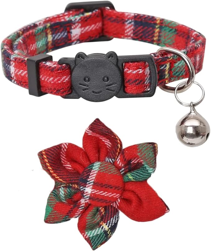 Christmas Cat Collar Breakaway with Cute Removable Flower Floral and Bell for Kitty Adjustable Safety Plaid