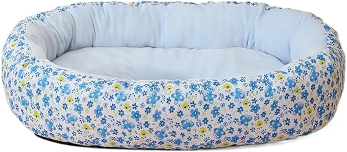 Floral Print Cat Beds for Indoor Cats Cozy Plush Fabric, Supportive Raised Sides, Non-Slip Bottom Washable Mat for Small Medium Pet Puppy Dog (Blue,Small)