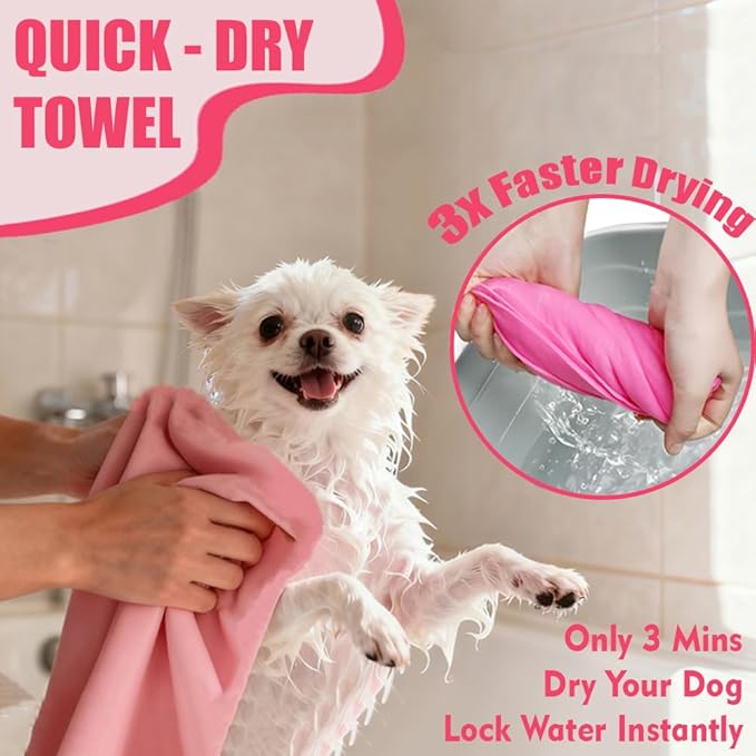 Cat Bath Towel 3pcs Grooming Brush Kit - Shedding Brush for Long-Haired Cats, Indoor Cats with Flea Comb, Pink