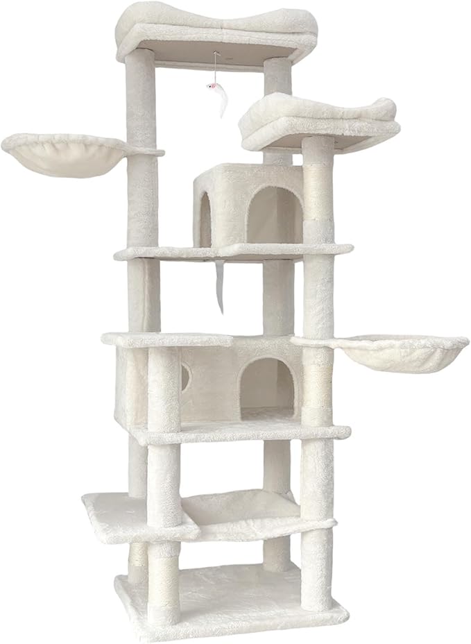 68" Beige Cute Cat Tree for Indoor Cats Large Adult, Tall Cat Tower with Scratching Post & Condo, Hammock, Aesthetic Cats Stand, Modern, Easy Assembly (Beige, 68" Tall)