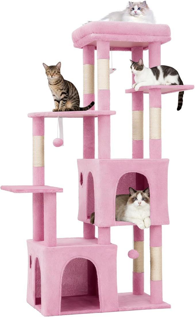 61.4 Inch Cat Tree, Large Cat Tower with Sisal Scratching Posts, 2 Spacious Cat Beds, Hanging Ball & Top Perch, Ideal for Large Indoor Adult Cats, Pink