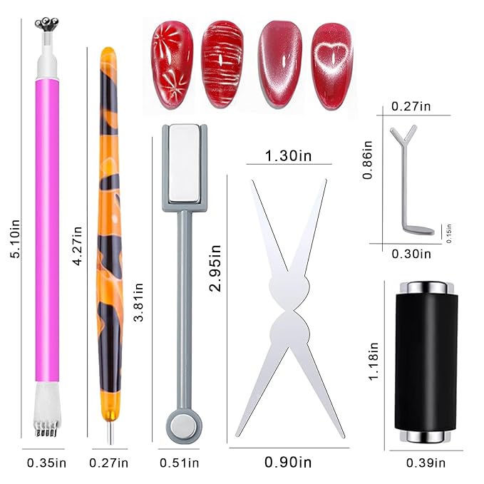 8pcs Cat Eye Nail Tools – Magnetic Pen, Cylindrical Magnets, Scissor & Y-Shaped Plates for French Heart Cat Eye Effect