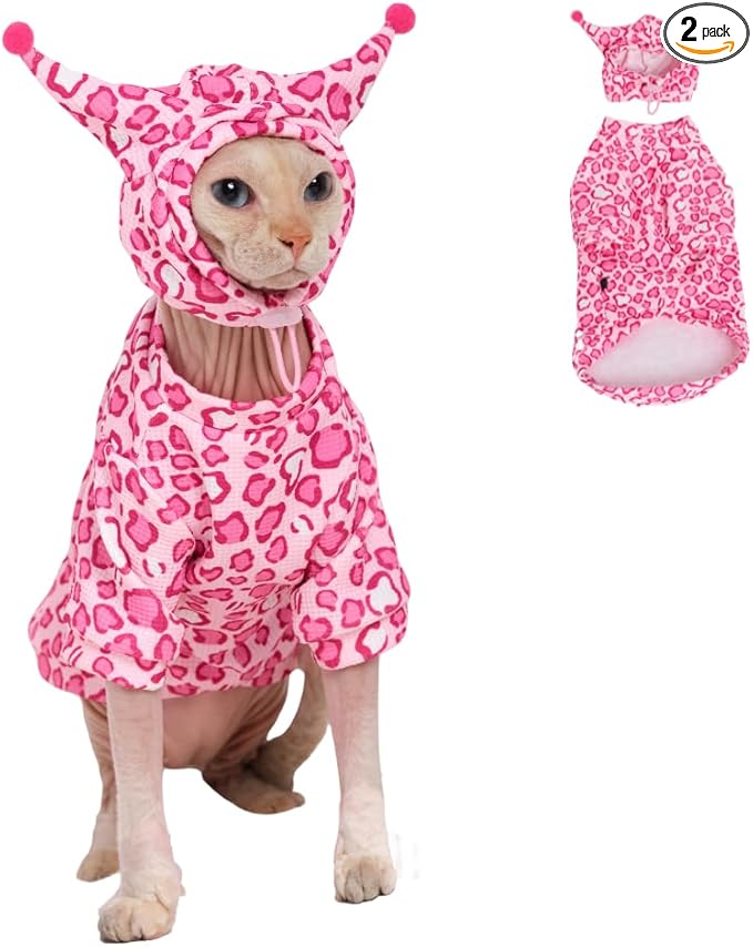 Sphynx Cat Clothes, Cat Suit with Hat and Sweatshirt, Full Set for Hairless Cats, Cornish Rex and Devon Rex (Pink Suit, S(2-3.5lbs))