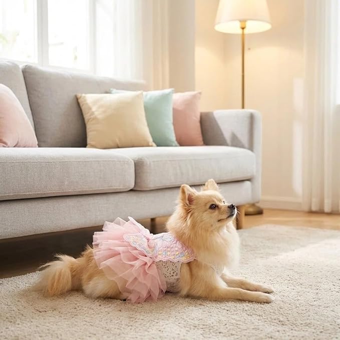 Fairy Dog Dress Cat Princess Outfit with Pink Tulle Skirt & Butterfly Wings, White Knit Top with Lace Collar, Pet Clothes for Small Dogs Cats Birthday Wedding Halloween 2.2-3.3lbs(Pink,XS)