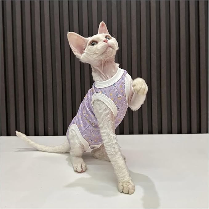 Hairless Cat Clothes, Sphynx Cat Clothes, Sphynx Cat Clothes Summer Cotton T-Shirts Cute Animal Four Leg Jumpsuit Pullover Vest Round Collar Kitten Shirts Sleeveless Cat Apparel(Purple Rabbit,M)