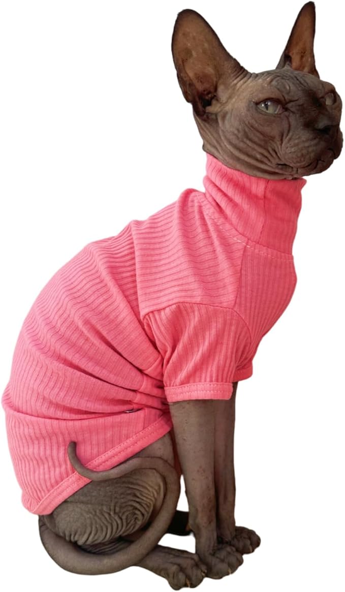Sphynx Hairless Cats Shirt Cotton Cat Turtleneck Sweater Pullover Kitten T-Shirts with Sleeves Cat Pajamas Jumpsuit for Sphynx (Medium (Pack of 1), Rosey Pink)