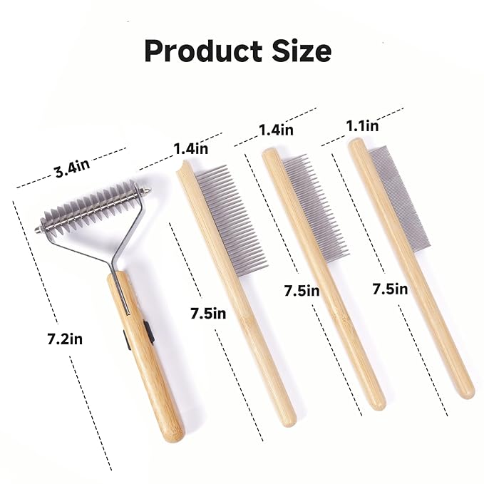 Bamboo Pet Grooming Kit for Medium to Long Haired Dogs & Cats, 4-in-1 Dematting Comb Set with Undercoat Rake, Fine/Wide & Long/Short Tooth Combs, Gentle Deshedding Tools for Indoor Pets