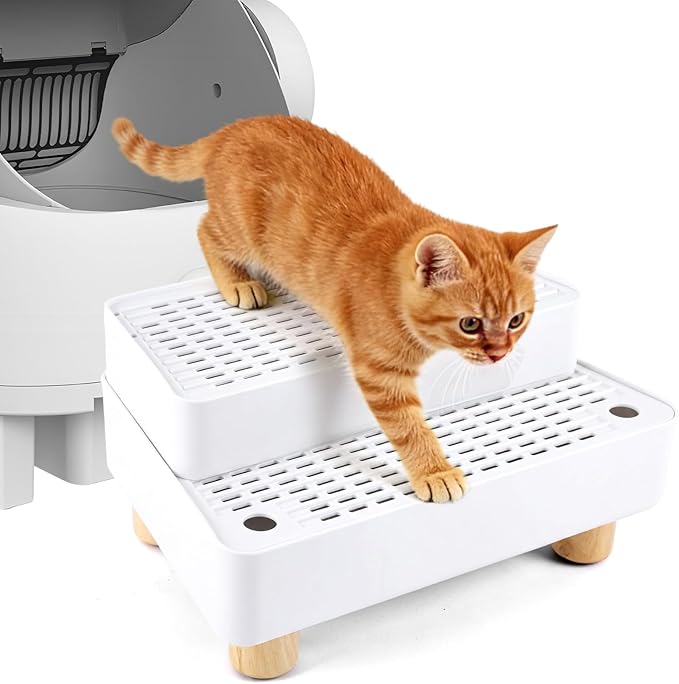 Adjustable 2 Steps Litter Box Ramp, Cat Litter Catcher Mat with Wooden Feet, Filter Function, Litter Box Step for Small & Elderly Cats, Fits Automatic Litter Boxes (White)