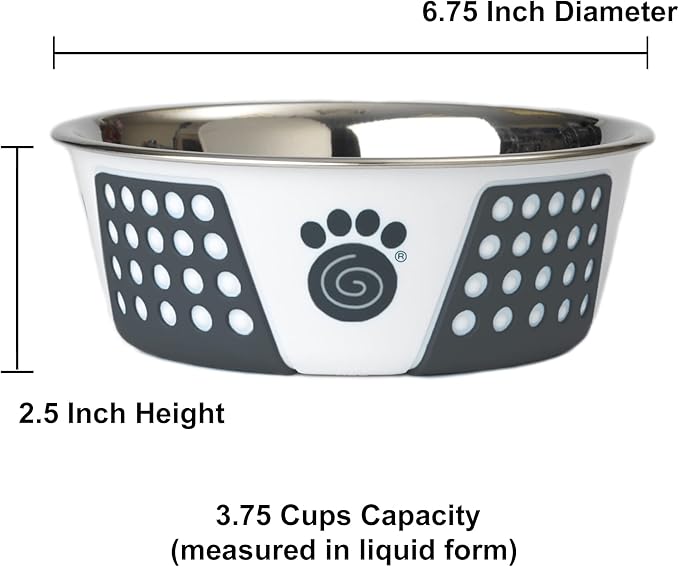 PetRageous 15001 Fiji Stainless Steel Non-Slip Dishwasher-Safe Dog Bowl 3.75-Cup Capacity 6.75-inch Diameter 2.5-inch Tall for Medium and Large Dogs, White and Slate Blue