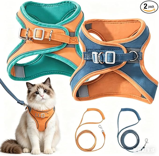 Cat Harness and Leash Set, Escape-Proof Step-in Design with Reflective Straps, Adjustable for Small Medium Cats, Soft Mesh, Clip Closure, Machine Wash, Green+Blue, M