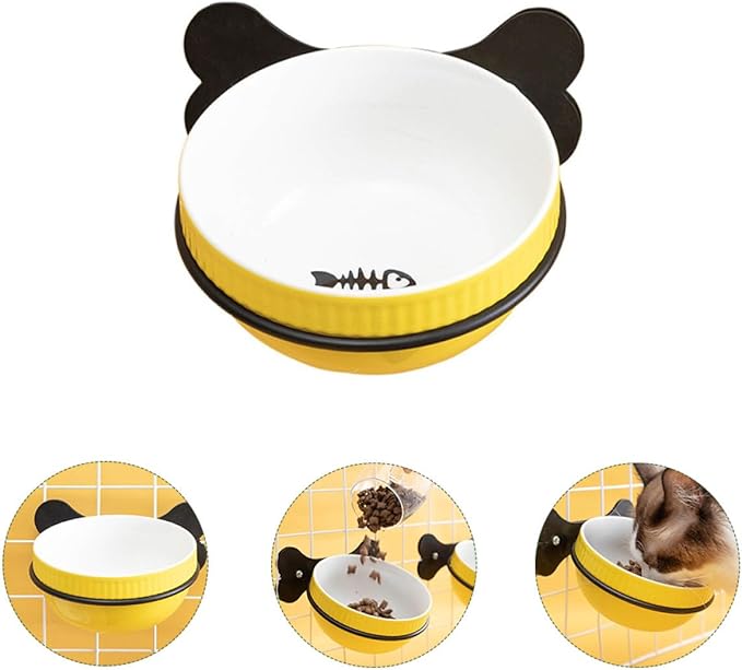 Ceramic Hanging Cat and Dog Bowl Set, Tilted Suspension Style Feeder with Iron Rack, Yellow Fishbone Pattern, Multi-Function Pet Feeding and Watering Bowl for Cats and Puppies