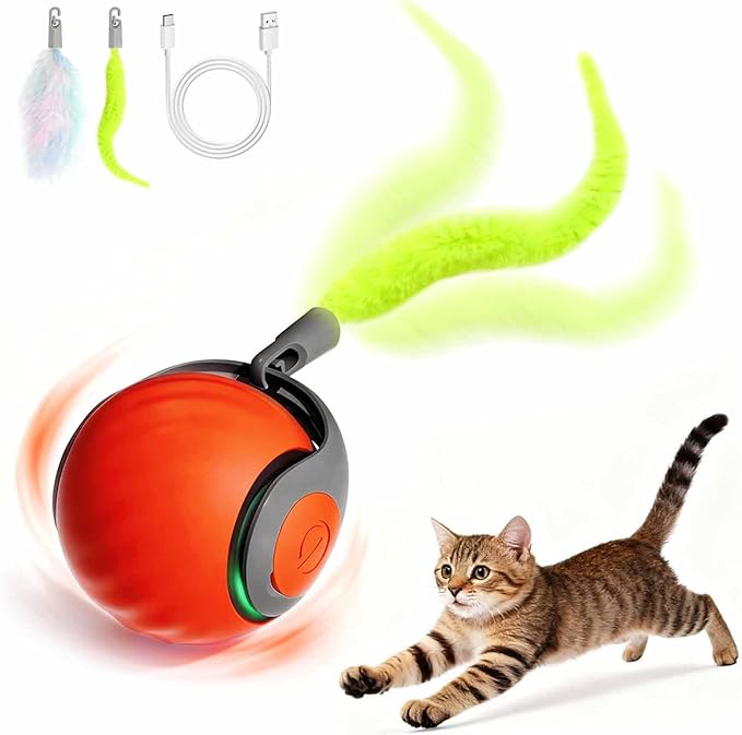 Kinizuxi Interactive Cat Toys for Indoor Cats, Rechargeable Moving Cat Ball with Feather Tail, 2 Speeds Automatic Kitten Toys for Bored Indoor Cats,Motion Activated Rolling Ball Toys (Orange)