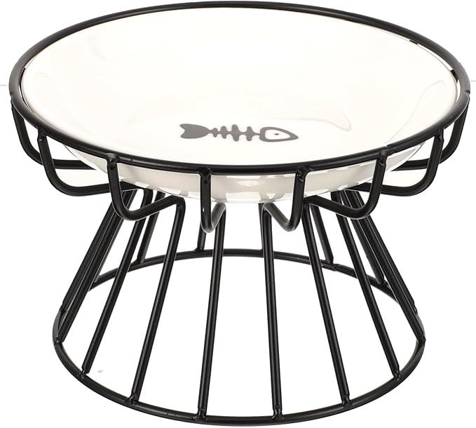 TOYANDONA Elevated Ceramic Cat Bowl Set with Neck Guard, Non-tip Black Iron Rack, Fishbone Plate Design for Indoor Pet Feeding and Watering