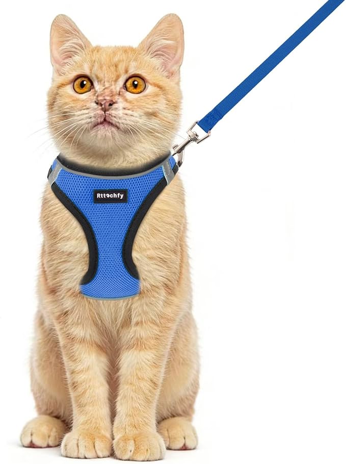 Rttochfy Cat Harness and Leash Set, Escape Proof Kitten Harness, Soft and Breathable Vest with Reflective Strip, Easy to Wear for Cats Walking and Traveling (BK Blue, S)