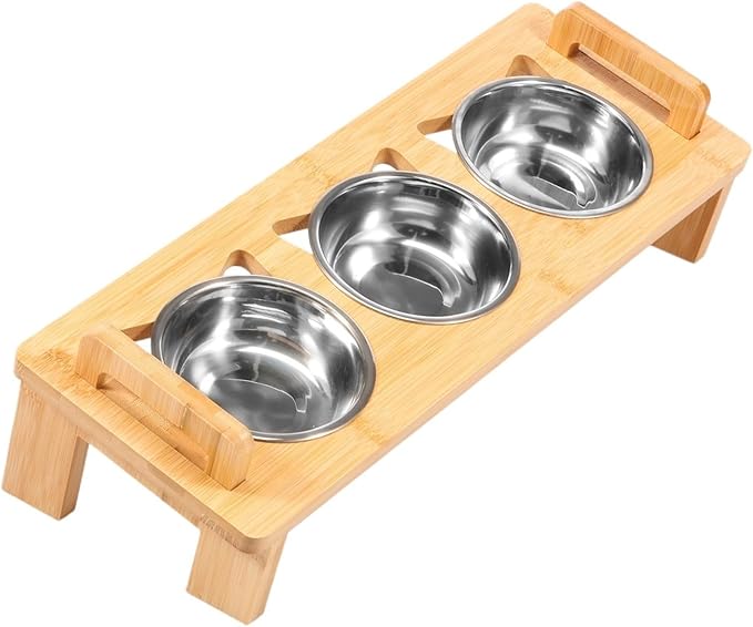 Stainless Steel Elevated Cat Feeder Bowl Stand with 3 Dishes for Dry Wet Food Water