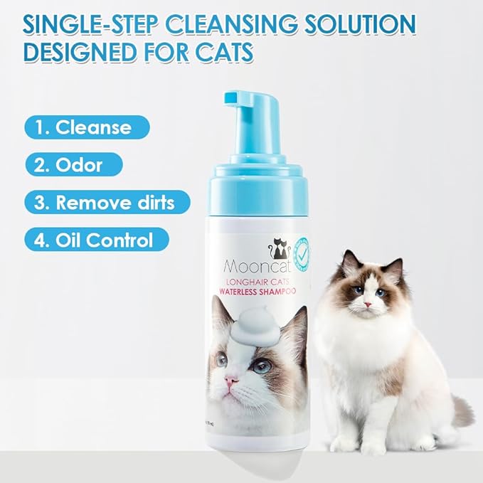Mooncat Waterless Cat Shampoo for Longhair Cats | Licking Safe No-Rinse Dry Foam to Soften Mats & Smooth Fur | Gentle Formula for Kittens & Sensitive Skin, pH Balanced - 5oz