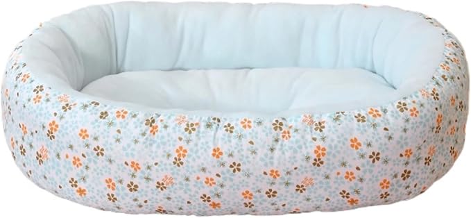 Floral Print Cat Beds for Indoor Cats Cozy Plush Fabric, Supportive Raised Sides, Non-Slip Bottom Washable Mat for Small Medium Pet Puppy Dog (Light-Blue,Large)