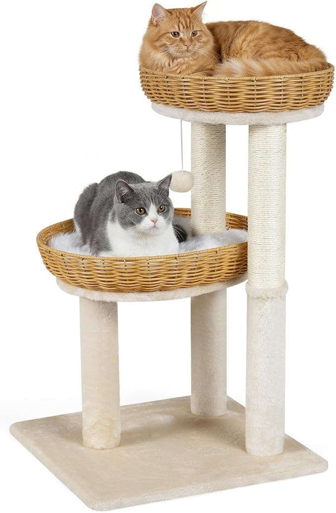 Tangkula Modern Cat Tree, 30 Inch Small Cat Tower with 2 Rattan Cat Baskets, Sisal Scratching Posts, Hanging Ball, 2 Large Nest Cat Beds with Removable & Washable Plush Cushions for Indoor Kittens