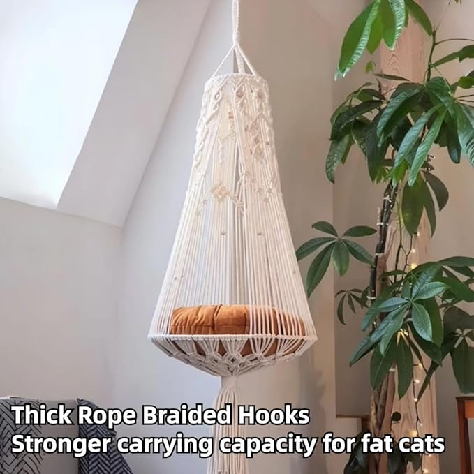 Hanging Cat Bed with Cushion - Macrame Hammock for Indoor Outdoor Home Decor, Boho Swing Cat Wall Furniture for Sleeping, Playing and Lounging