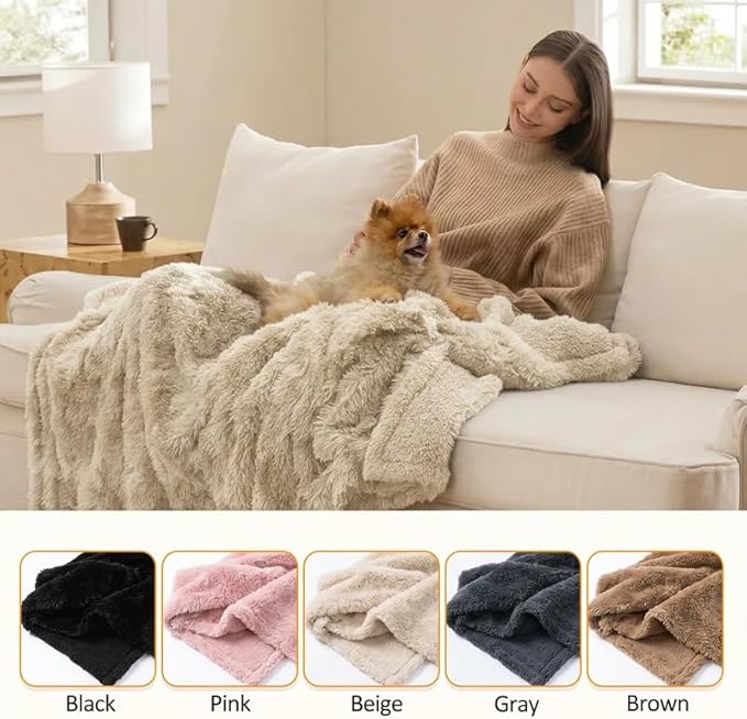 Faux Fur Waterproof Calming Dog Blanket Fluffy Sherpa Pets Blanket for Couch Covers Double-Sided Reversible Cats Bed Cover for Pet(Cream,S-40x28in)