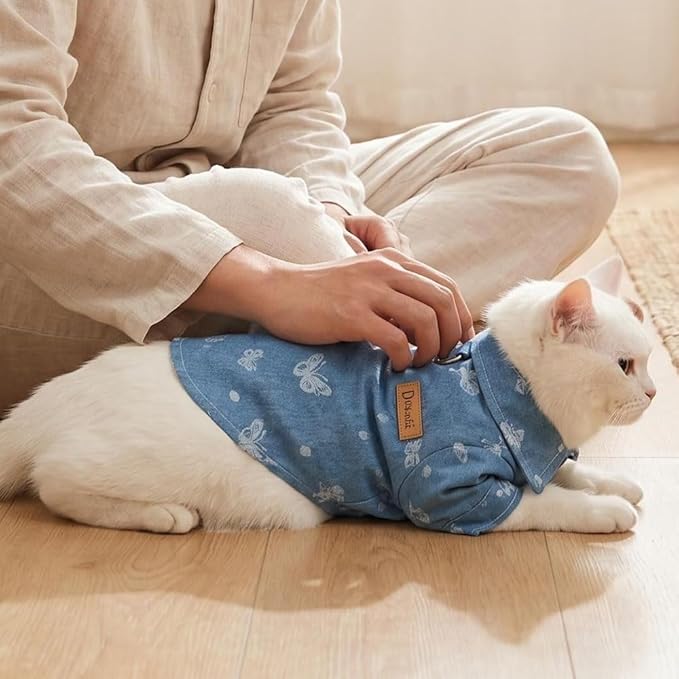 Unisex Pet Denim Shirt for Cats & Small Dogs, Soft Washed Denim, Collared Button Down with Back D-Ring, Breathable Cotton, Spring/Summer/Fall (X-Small, Shirt-Light Blue with Butterfly)