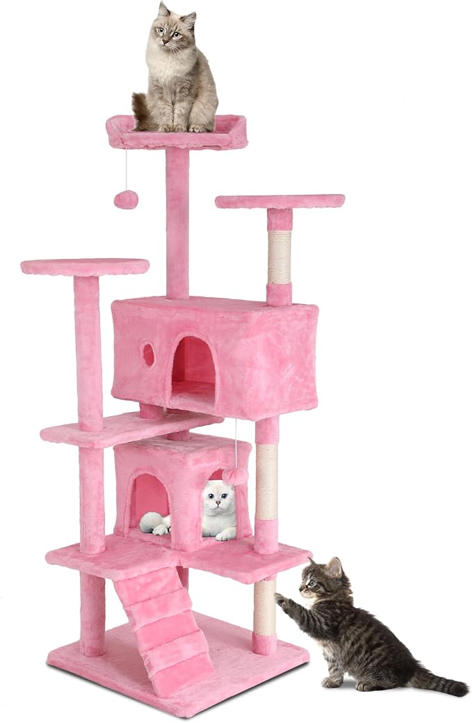 Cat Tree Tower 54" Tall - Indoor Cat Tree with Sisal-Covered Scratching Posts, Cozy Condo, Hammock, Dangling Toy & Expanded Perch Platform - Cat House Furniture for Large Cats - Pink