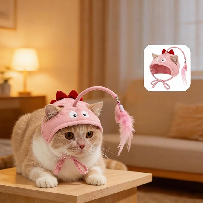 Cat Hat Toy Feather Wand Teaser Cat Toys (Pink)