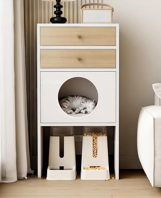 Multi-Function Cat House Furniture, Solid Wood Cat Condo with Storage Drawer, Pet Bed & Feeding Area, Compact Cat Cabinet (White & Natural,19.6" L*15.7" W*41.3" H)
