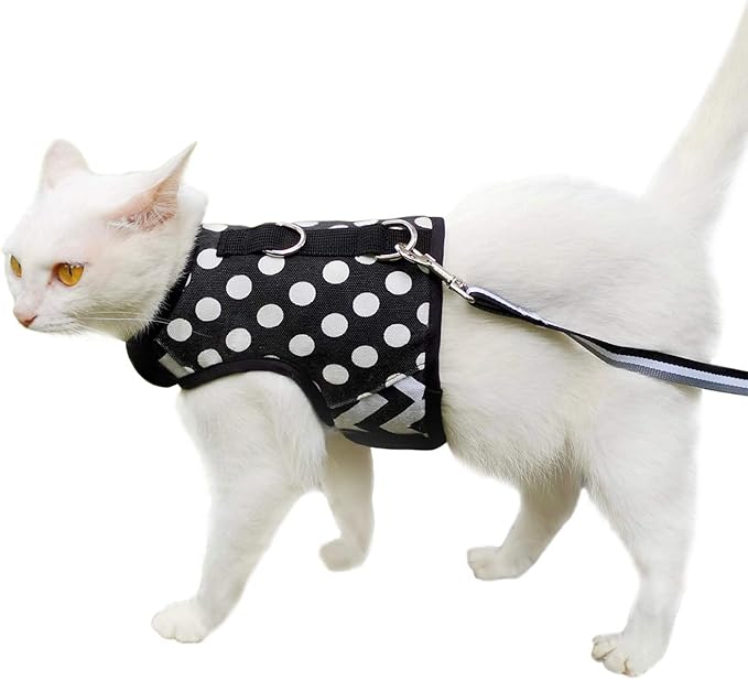 Cat Harness and Leash for Walking Escape Proof, Adjustable Cat Vest Harness, Padded Stylish Cat Walking Jackets, Polka Dot Black, Small