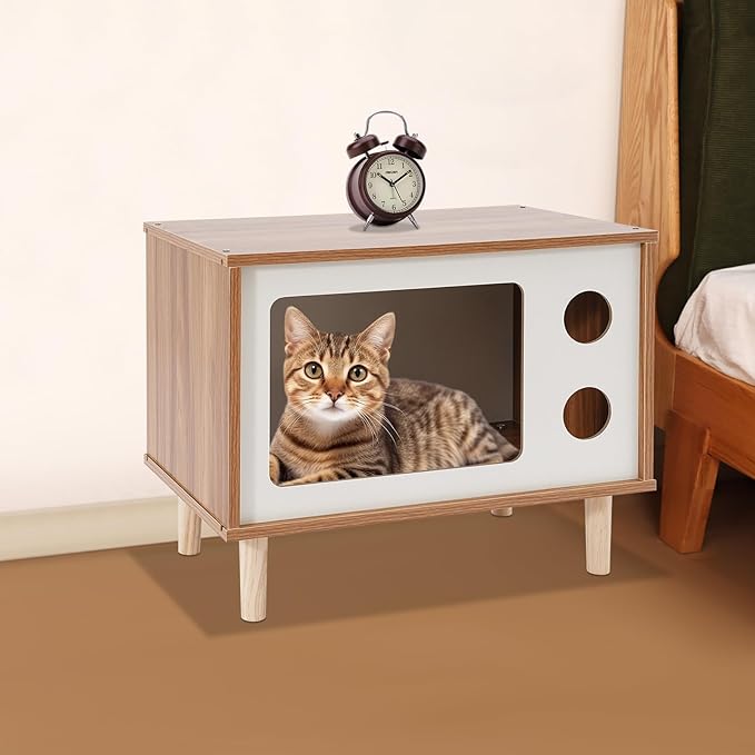 Solid Wood Cat House Nightstand, TV-Shaped Pet Bed with Peek-a-Hole, Modern Cat Furniture for Indoor Cats, Multi-Functional Bedside Table Load 165lb, 19.7" L x 11.4" W x 15.7" H