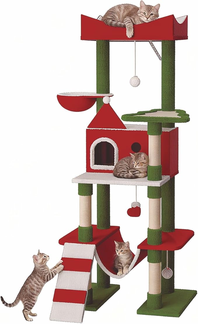 STILLCOVE 63" Large Christmas Cat Tree Tower Indoor: Tall Modern Cute Heavy Duty Cat Condo House with Scratching Post & Hammock for Maine Coon