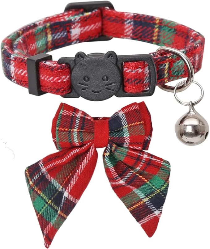 Christmas Cat Collar Breakaway with Cute Removable Bow Tie and Bell for Kitty Adjustable Safety Plaid