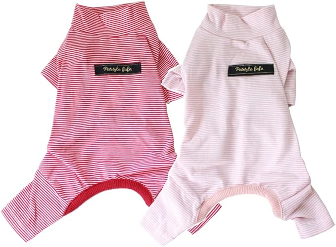Hdwk&Hped Soft Cotton Dog Pajamas for All Seasons, Striped Pet Bottoming Jumpsuit for Small Dog Cat Puppy (#5, Thin Stripes Style 2pcs - red&Pink)