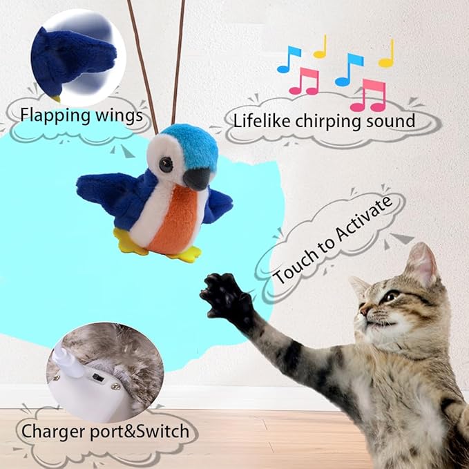 Flapping Chirping Bird Cat Toy(Non-Flying), USB Charging, Touch Activated Plush Toy,Simulates Bird Wing Flapping and Sounds, for Cats,Dogs & Small Pets (Small, Blue Dove)