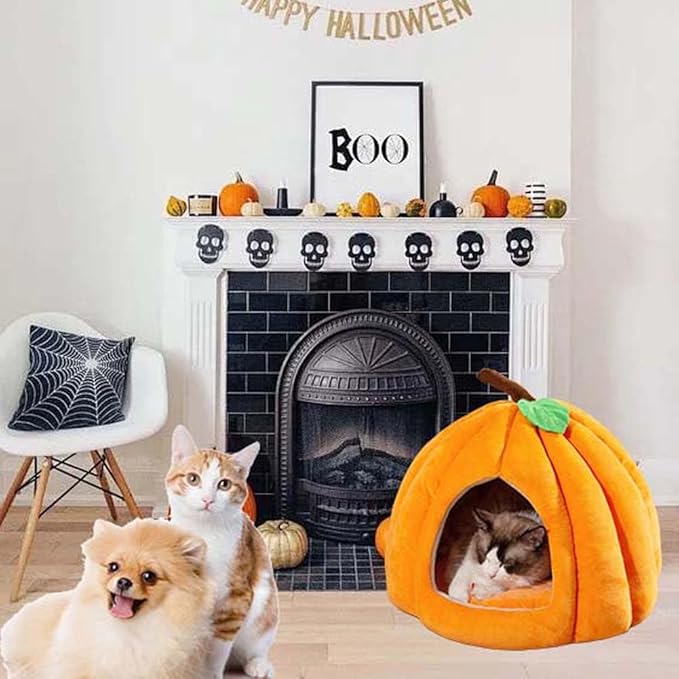 Cute Pumpkin Cat Bed for Indoor Cats，Pumpkin Shape Cat House with Removable Washable Cushioned Pillow，Cat Cave Bed Cat Tent for Puppy and Kitten (B-Orange,15 in)