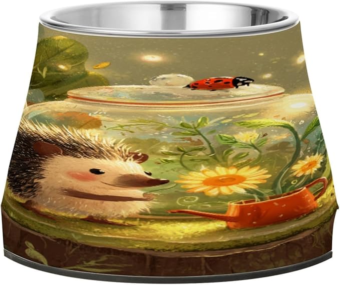 Cute Hedgehog Watering Pets Food Bowls with Stand Stainless Steel Pets Dish Bowl for Slow Feed Cats Whisker Relief