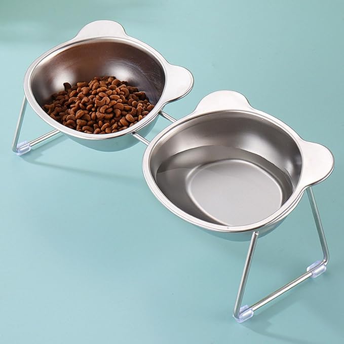 Elevated Cat Bowl, Detachable Stainless Steel Raised Pet Feeder with 15 Degree Tilt Angle Nonslip Feet for Cats Small Dogs (9334 Cartoon Double Bowl)